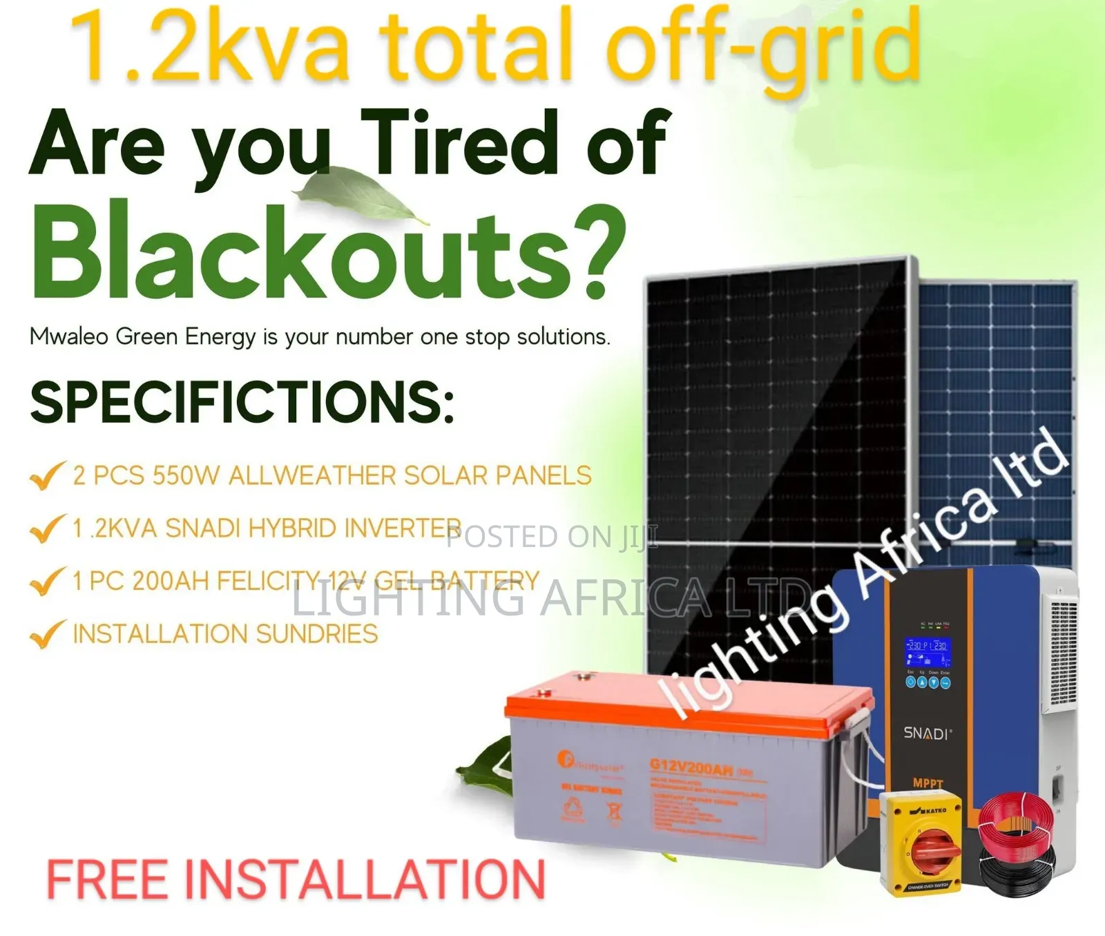 1.2kva Inverter - (2)550w Solar - 200ah Gel Battery(Tv, Fridge Lights)