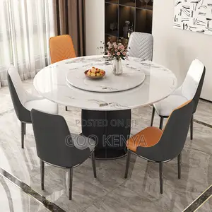 Dinning Set; 6-Seater Nordic Sintered Stone Lazy Susan Dining Set