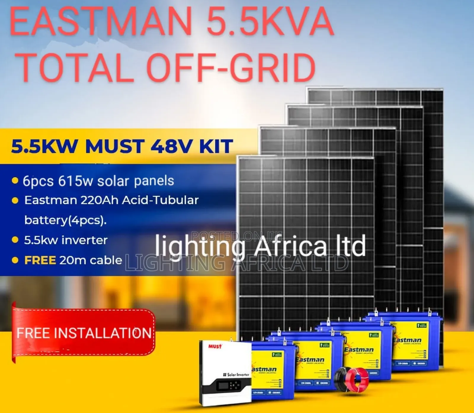 Off-Grid 5.5kva Inverter - (4) Eastman 220ah Battery - (6)615w Solar