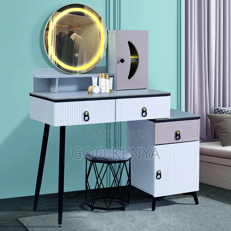 Dresser; Modern Dressing Table With Storage and Comfortable Stool