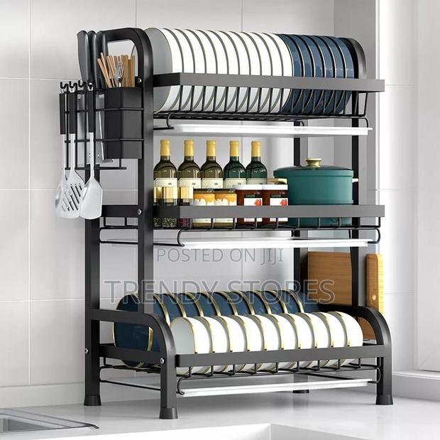 3 Tier Metallic Dish Rack With Cutlery & Chopping Board Holder