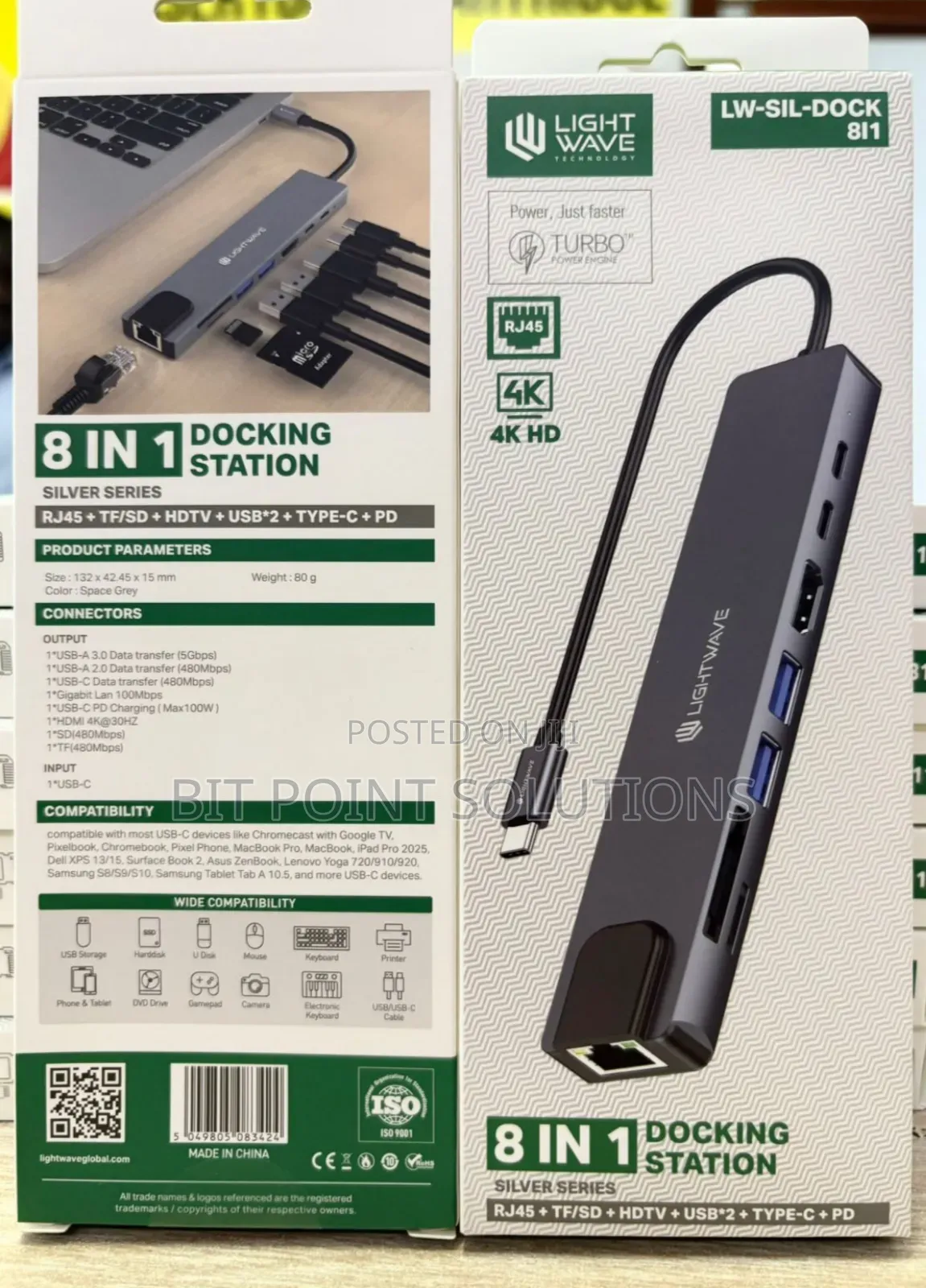 Light Wave 8 in 1 Docking Station Rj45+Tf/Sd+Hdtv+Usb*2+Type C + Pd