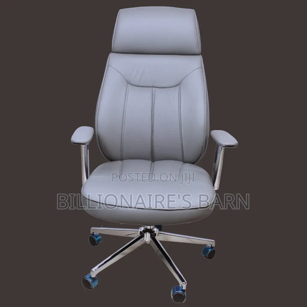 Grey Leather Office Chair, Sleek High Back With Chrome Finish.