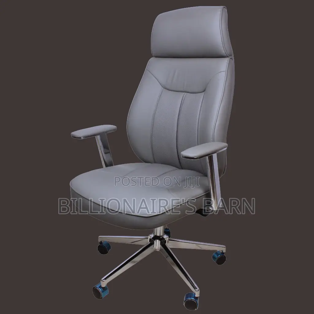 Grey Leather Office Chair, Sleek High Back With Chrome Finish.