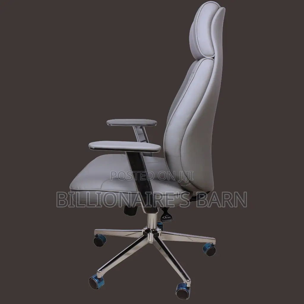 Grey Leather Office Chair, Sleek High Back With Chrome Finish.