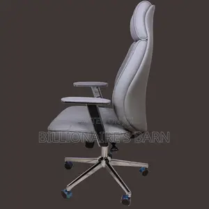 Grey Leather Office Chair, Sleek High Back With Chrome Finish.