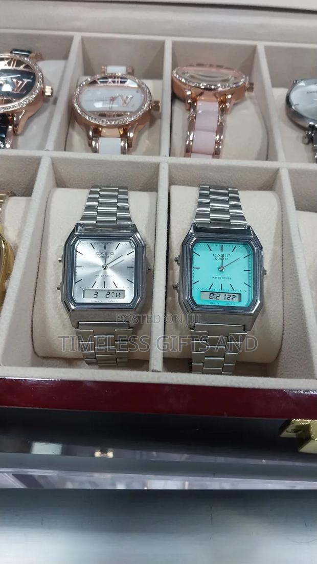 Casio Vintage Silver Unisex Watch Black Green and White Interior