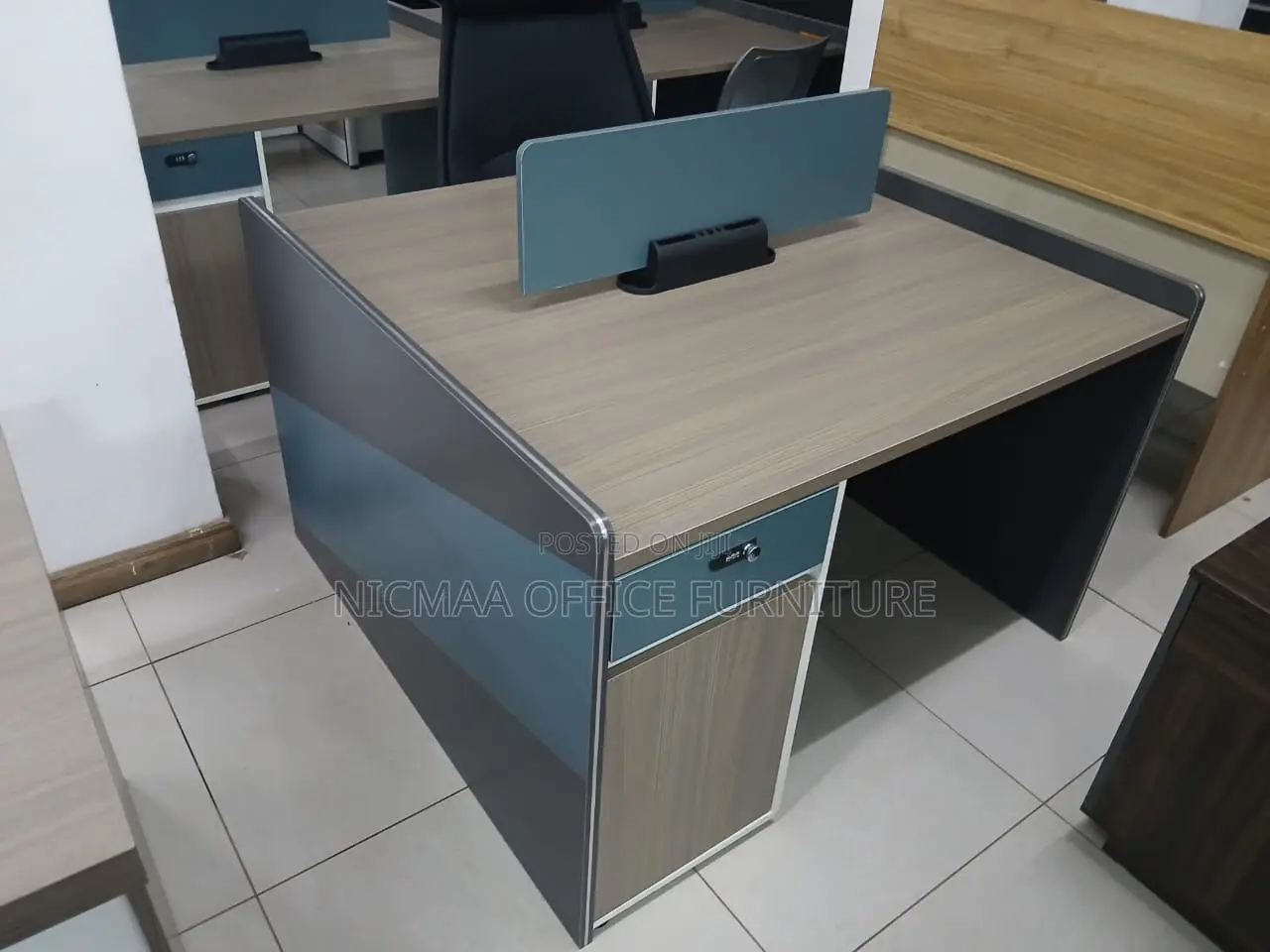 Office Desk:2-Persons Workstation With Teal Partition, Lockable Drawer