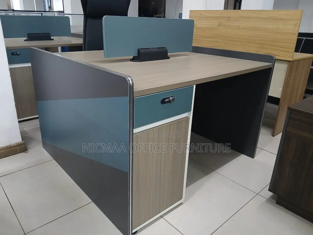 Office Desk:2-Persons Workstation With Teal Partition, Lockable Drawer