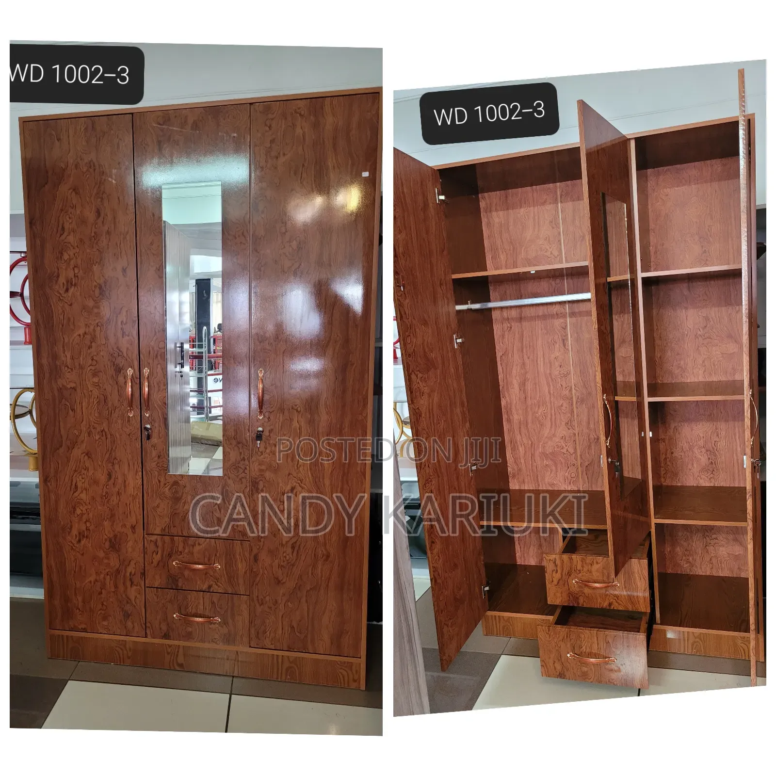 Brown 3 Door Wardrobe With a Hanging Rail