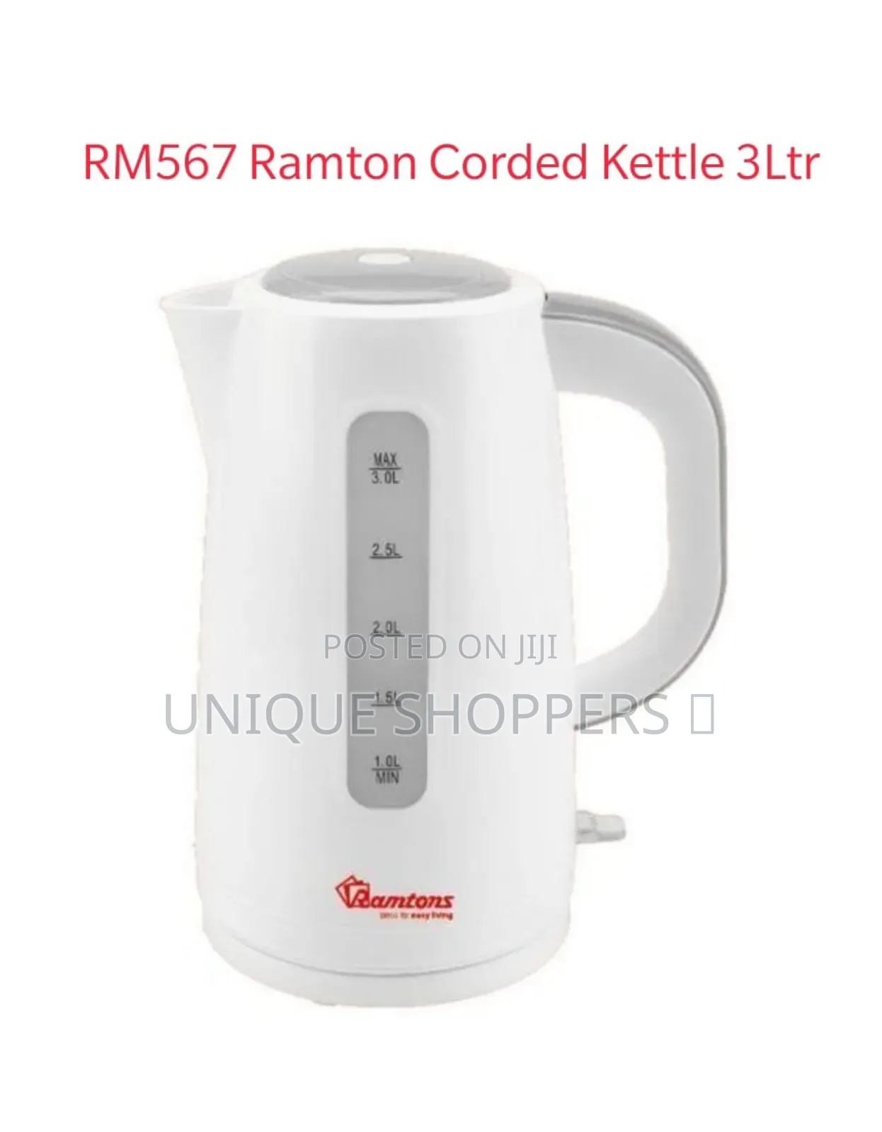 Rm567 Ramton Electric Corded Kettle 3ltrs *Ksh 3500/=* 
 With 1 Year