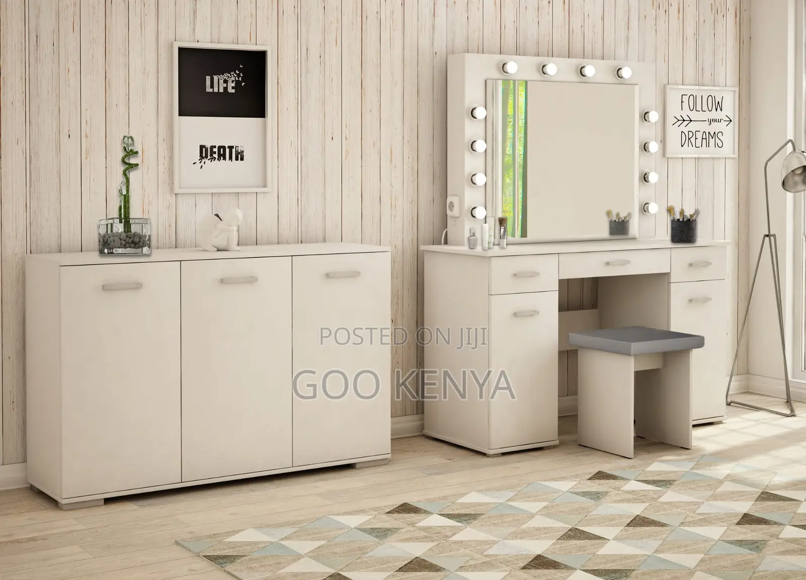 Office Cupboard; Elegant 3-Door White Wooden Sideboard
