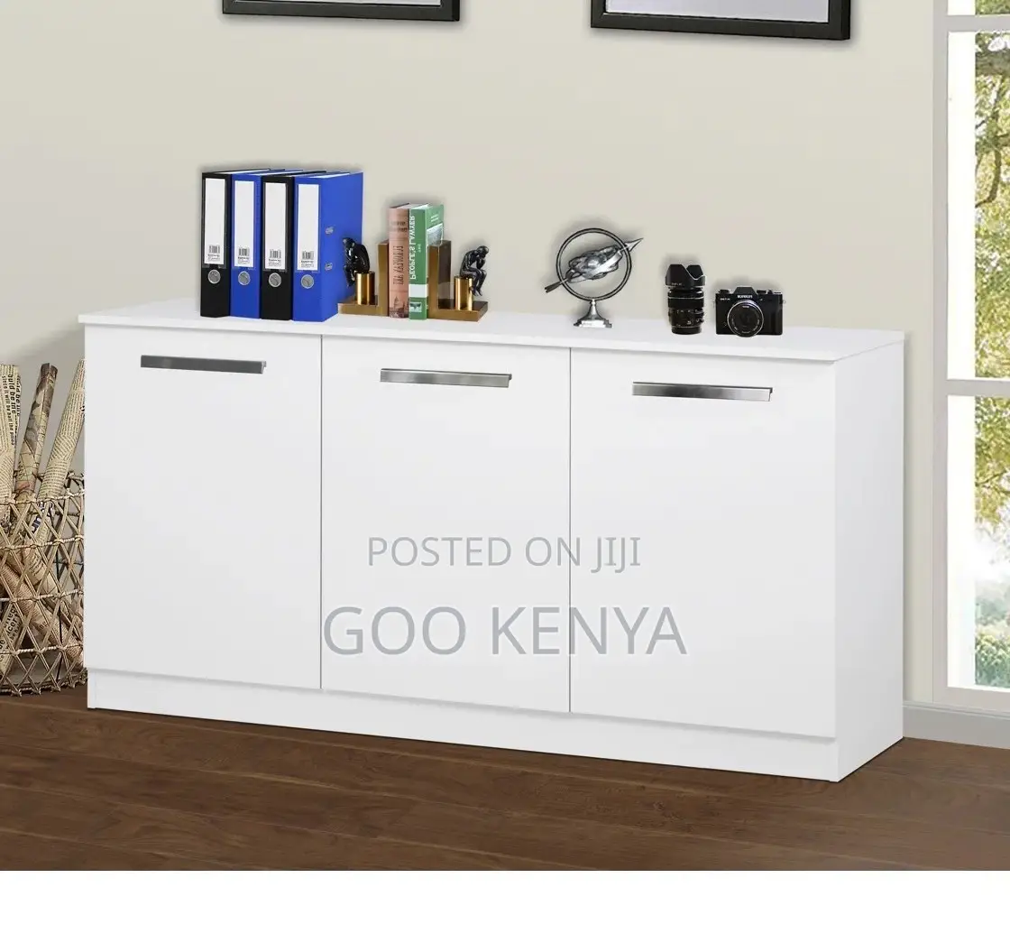 Office Cupboard; Elegant 3-Door White Wooden Sideboard