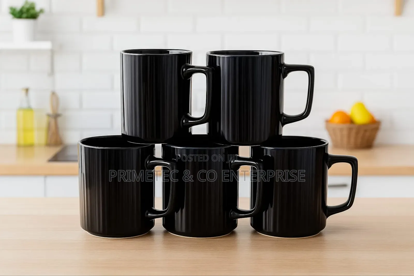Black Ribbed Ceramic Mugs