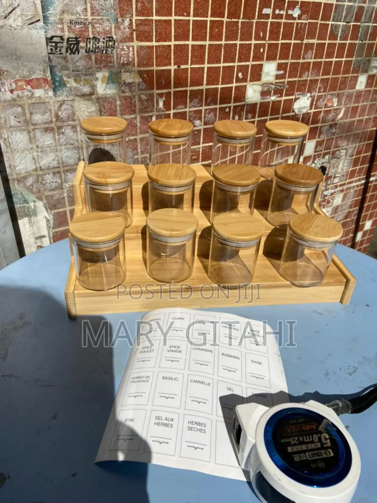 12pcs Glass Spice Jars With Bamboo Lid 
Comes With the Stand