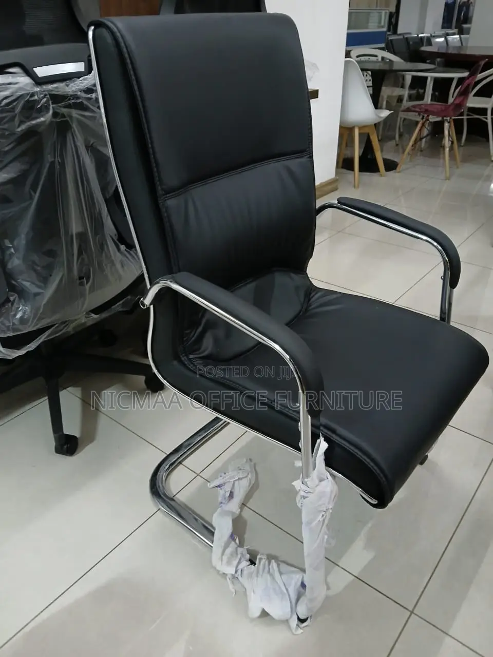 Black Leather Chrome-Leg Office Chair