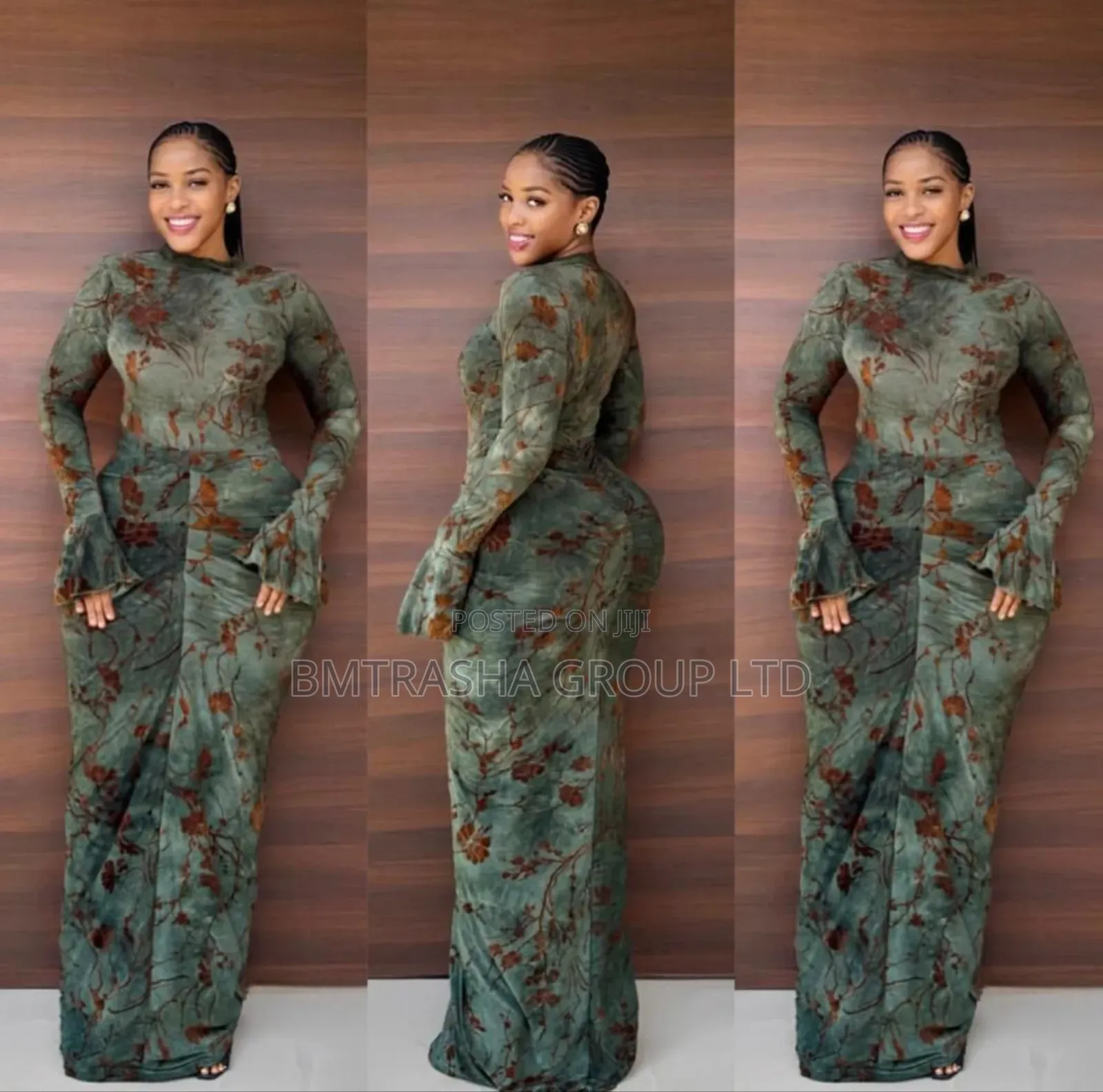 Elegant Long Sleeve Bodycon Maxi Dress – Floral Print Ruched Design