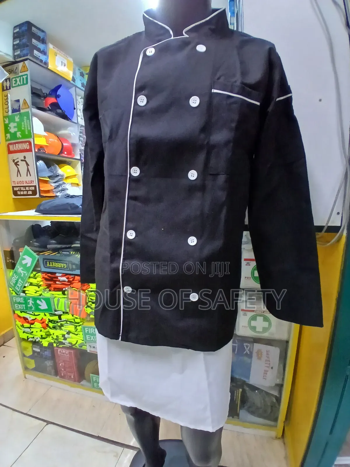 White Piping and Black Jacket for Chef With Half White Apron
