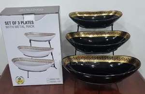 Set of 3 Ceramic Fruit Plates on Black Metal Rack