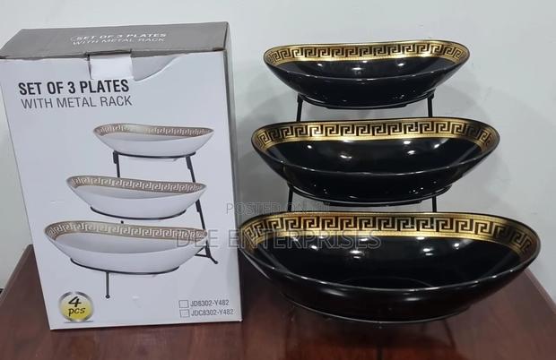 Set of 3 Ceramic Fruit Plates on Black Metal Rack