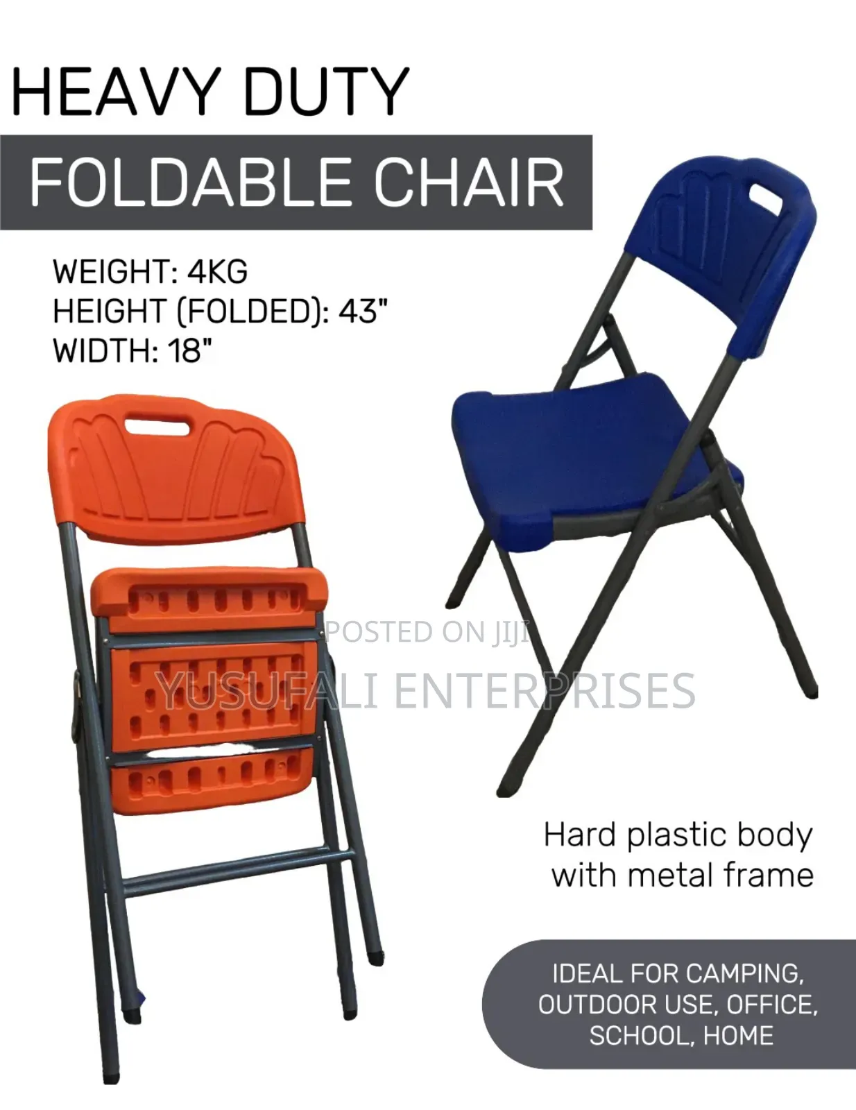 Foldable Chair, Heavy Duty, Plastic Body Metal Frame.