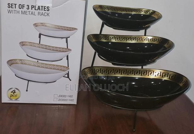 Aset of 3 Ceramic Fruit Plates on Black Metal Rack - thumbnail 2