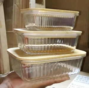 Ribbed Glass Food Storage Containers With Bamboo Lids