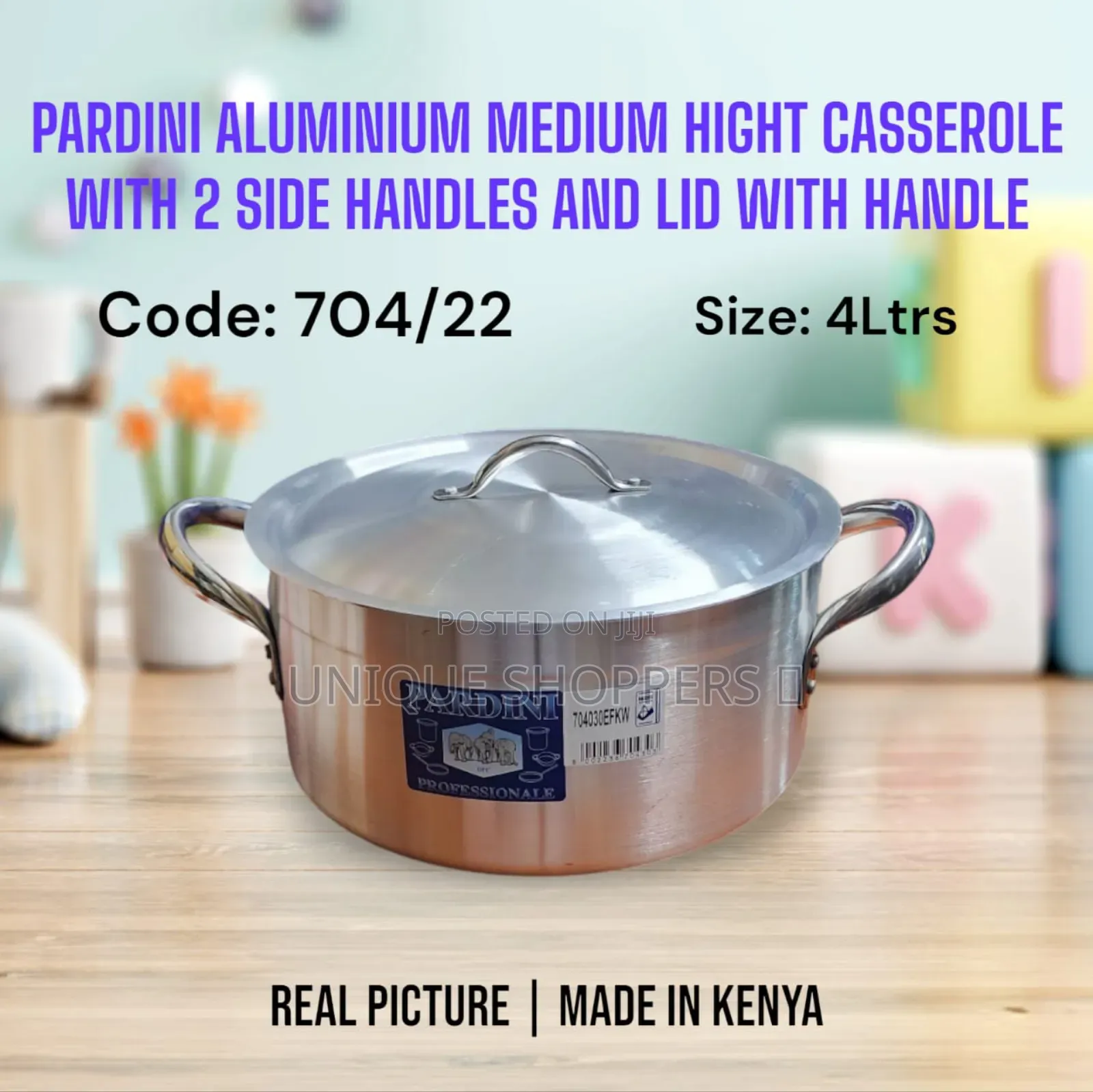 704/22 Aluminium Medium Height Casserole With 2 Handle and Lid 4ltr