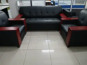 Black Leather With Red Wood Finish Waiting Sofa