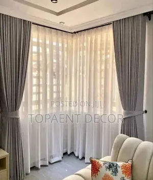 Corner Window Light Grey Elegant Curtains and White Sheers