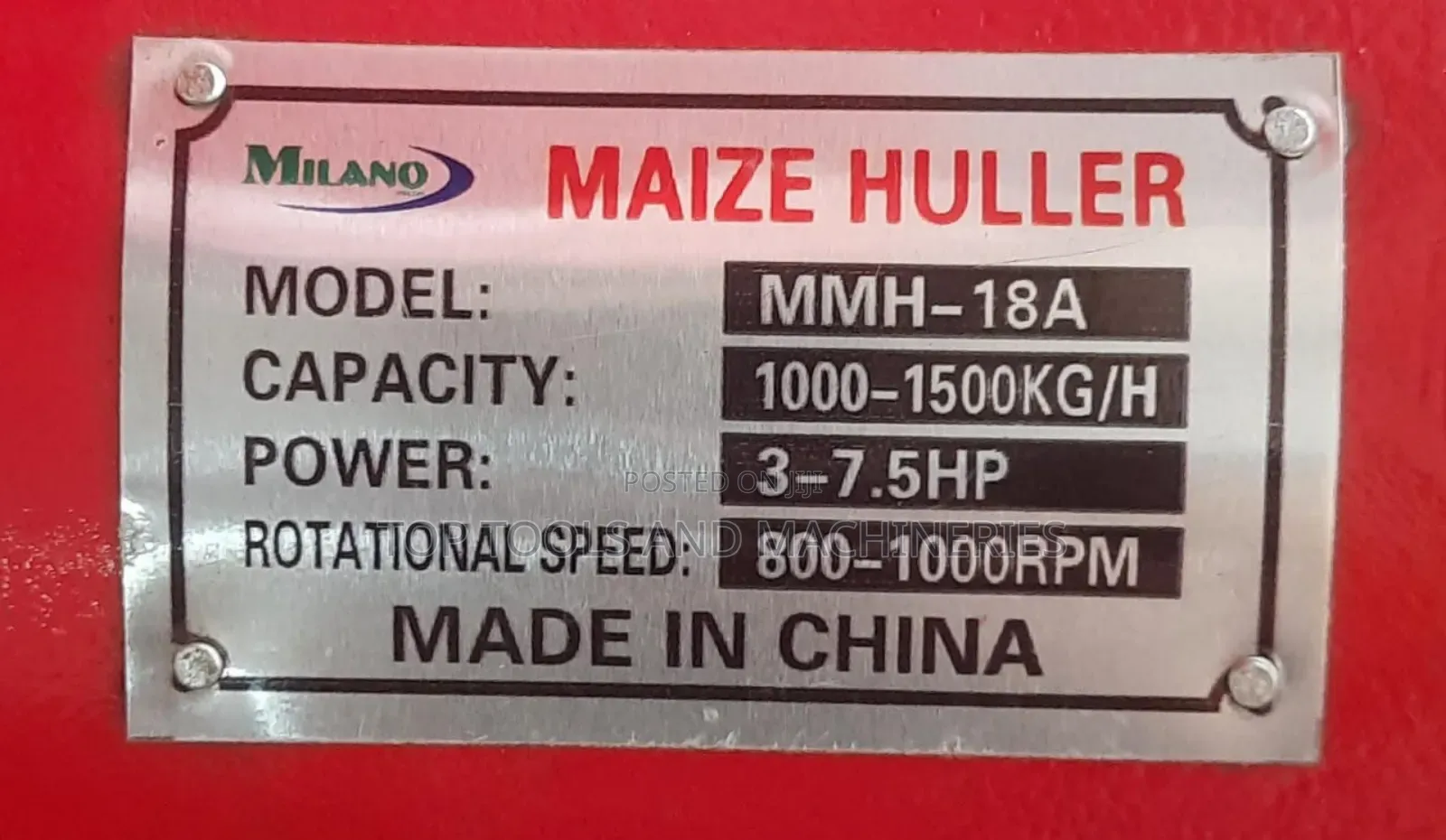 MMH-18a Milano Italia Maize  Huller 1000 to 1500kg/ Hr Without Motor