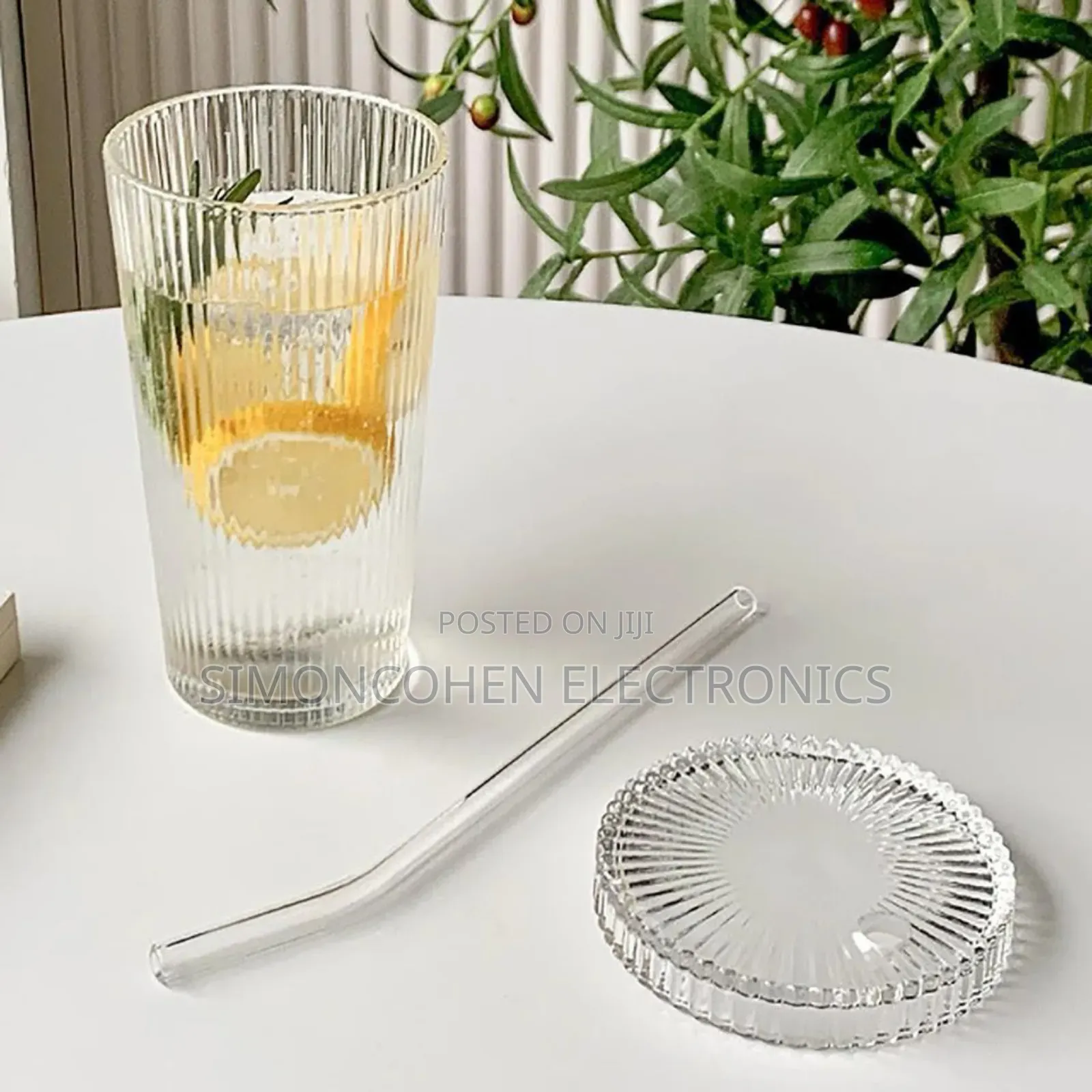 375ml Simple Stripe Glass Cup With Lid And Straw