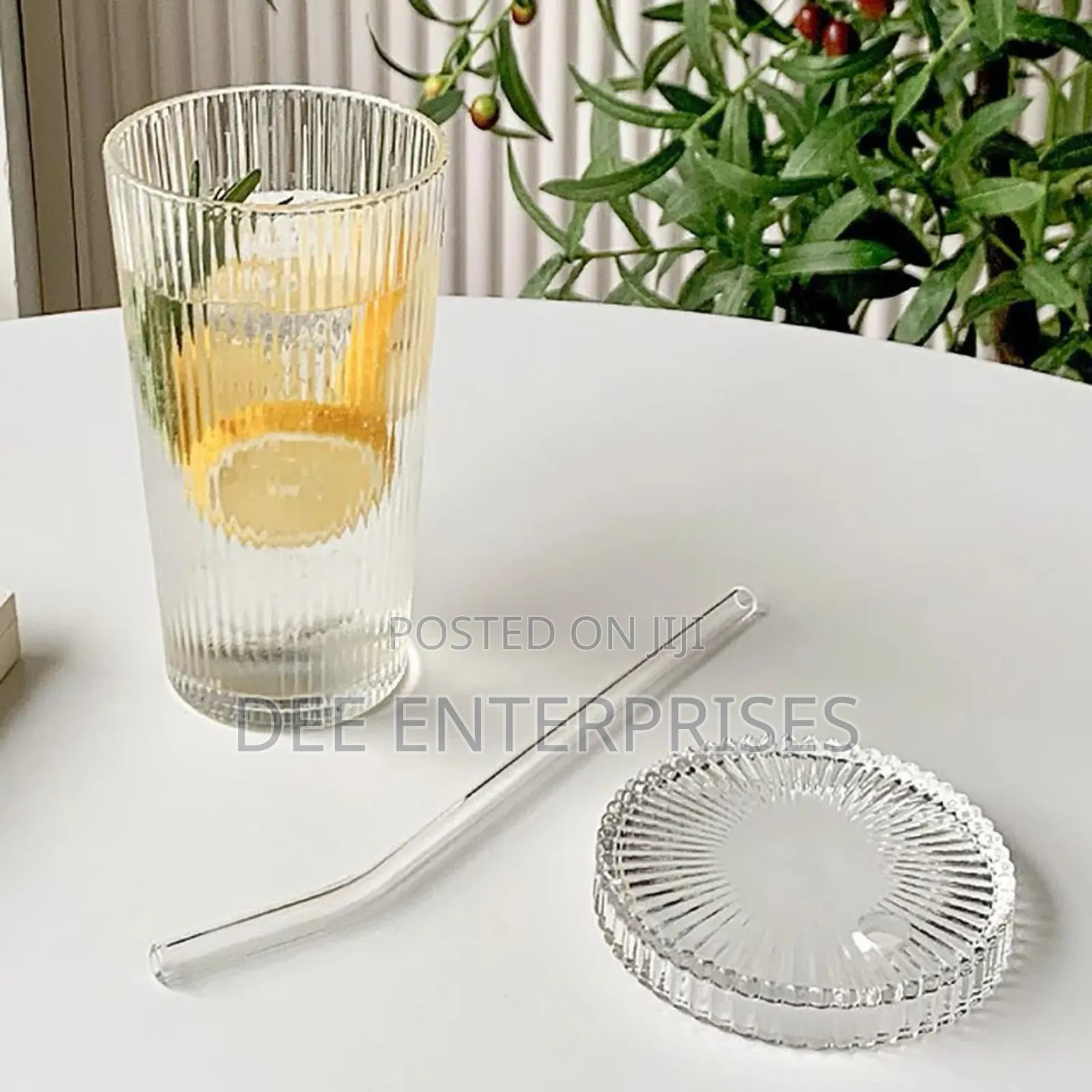 375ml Simple Stripe Glass Cup With Lid and Straw