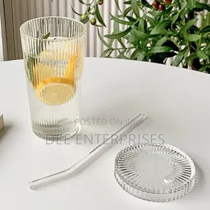 375ml Simple Stripe Glass Cup With Lid and Straw
