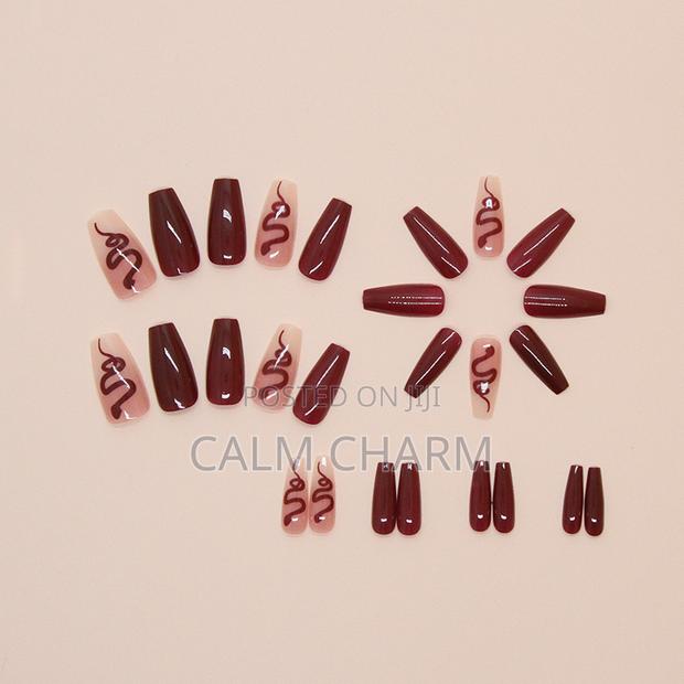 24pcs Long Ballet Red Blush Snake Pattern Retro Full Cover Nail - thumbnail 3