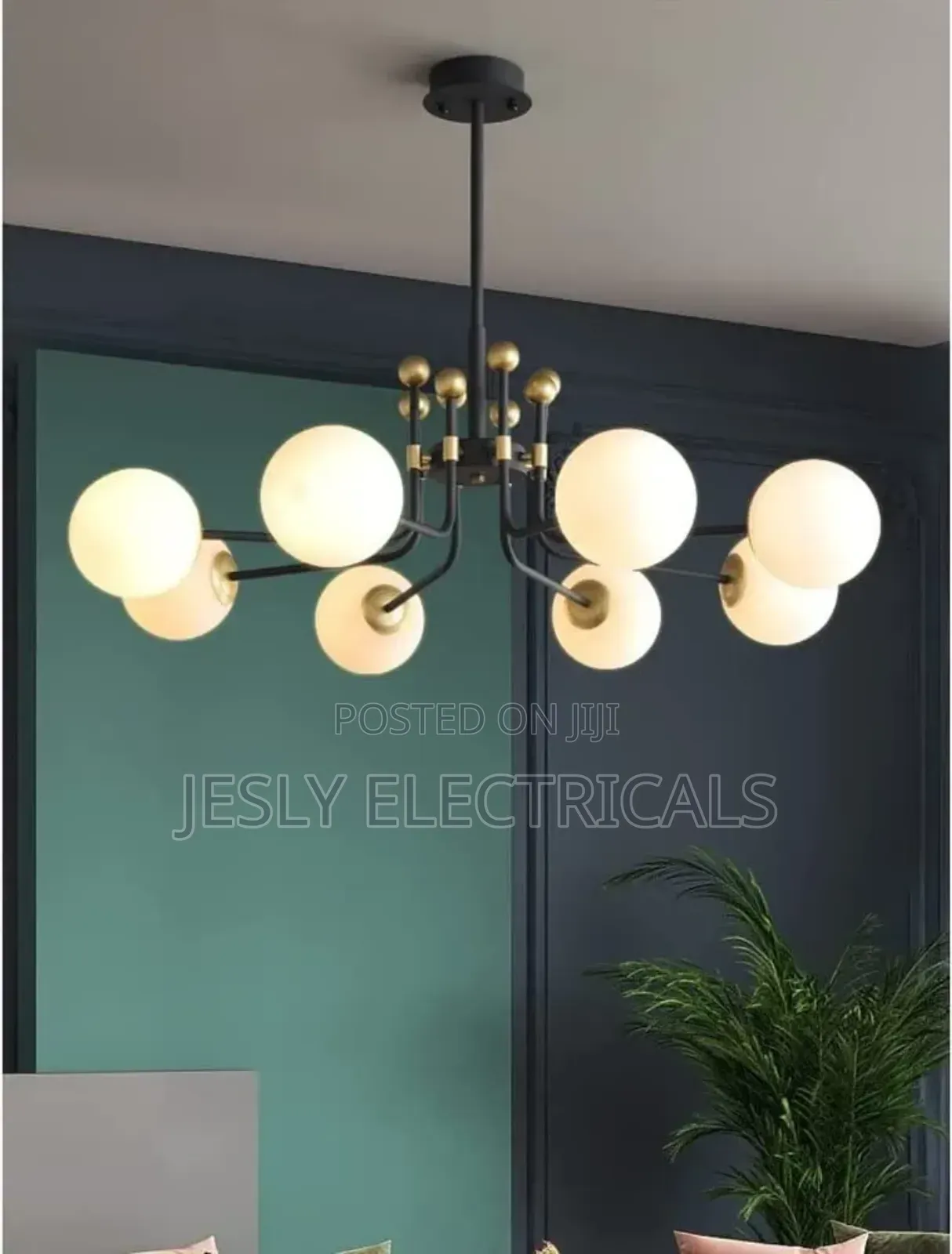 Modern Chandelier With Multiple Spherical, Opaque White Shades, Gold.