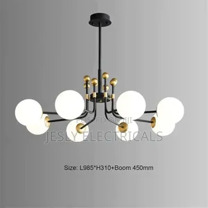 Modern Chandelier With Multiple Spherical, Opaque White Shades, Gold.