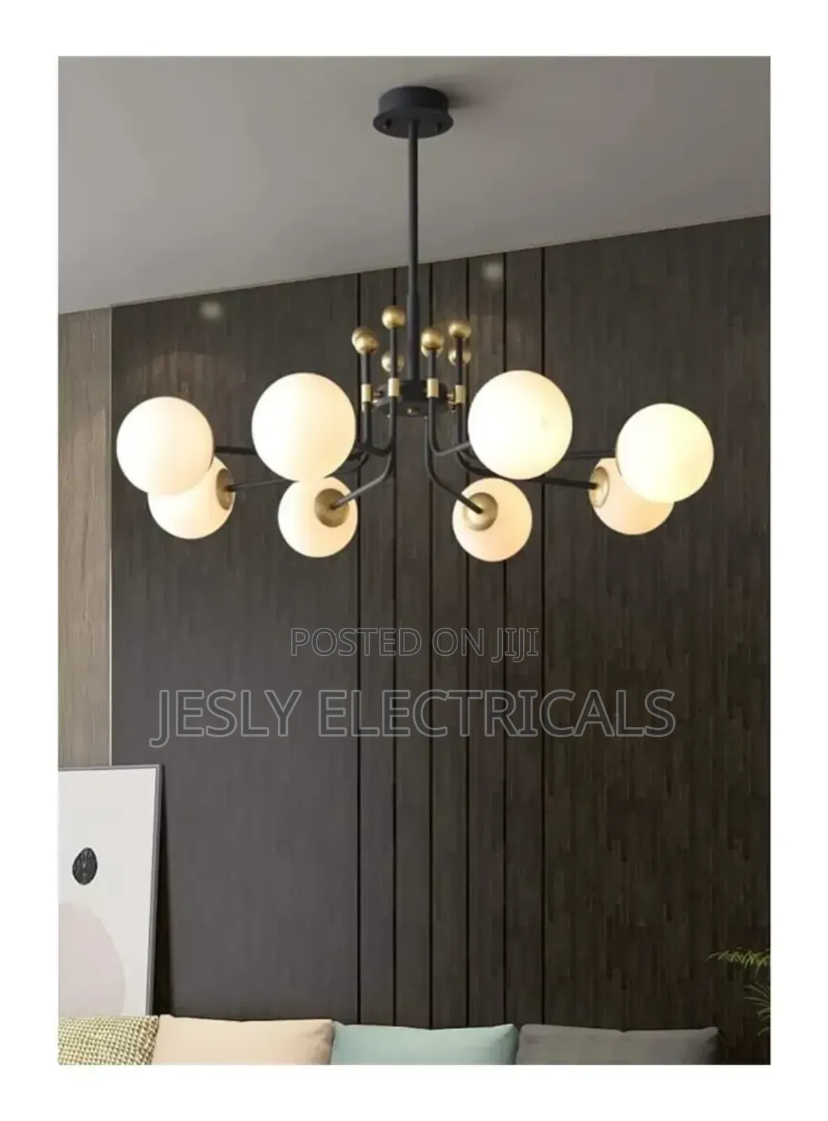 Modern Chandelier With Multiple Spherical, Opaque White Shades, Gold.