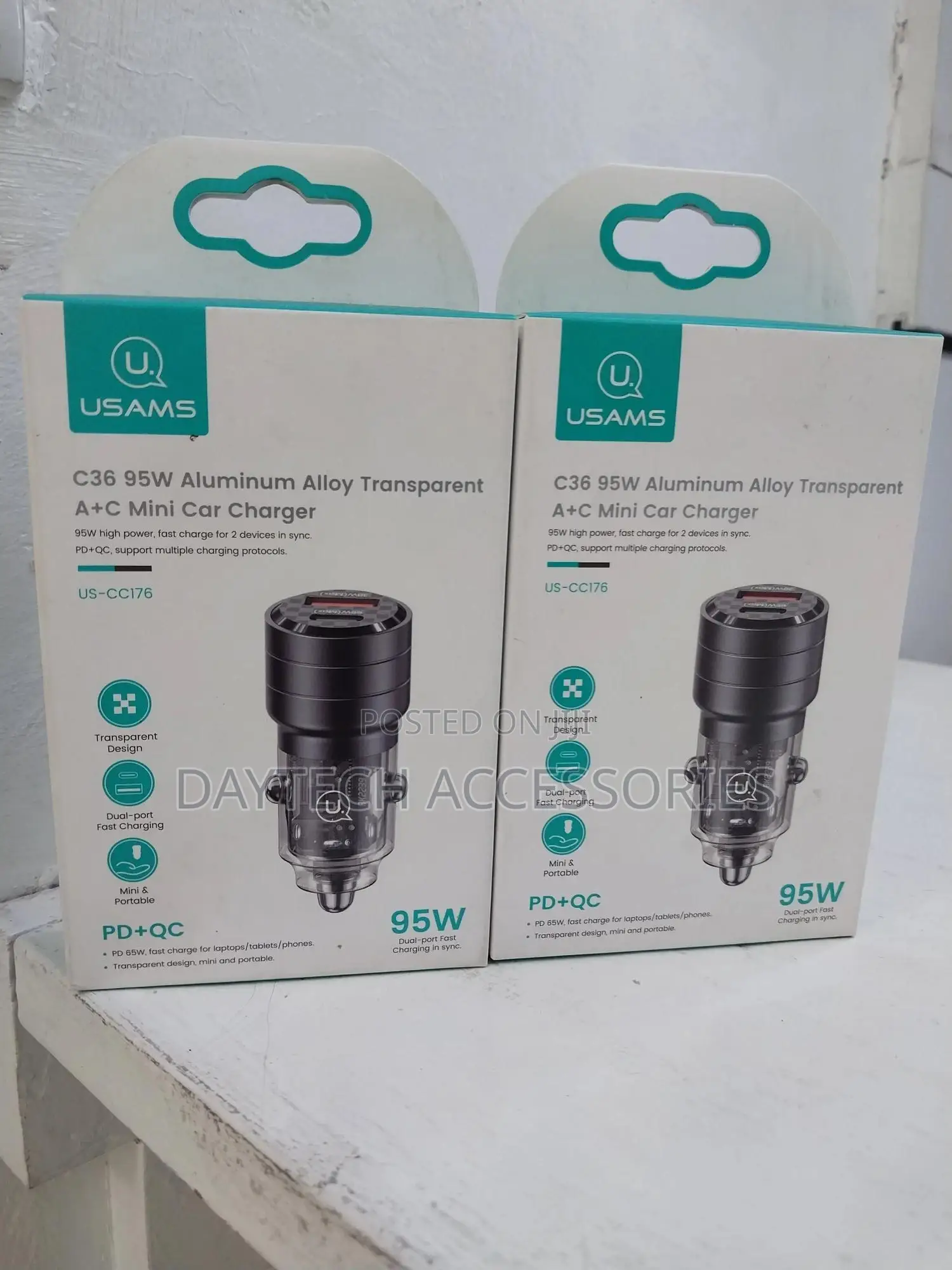Usams Us-Cc176 C36 95w Usb-A+Usb-C Transparent Mini Fast Car Charger.