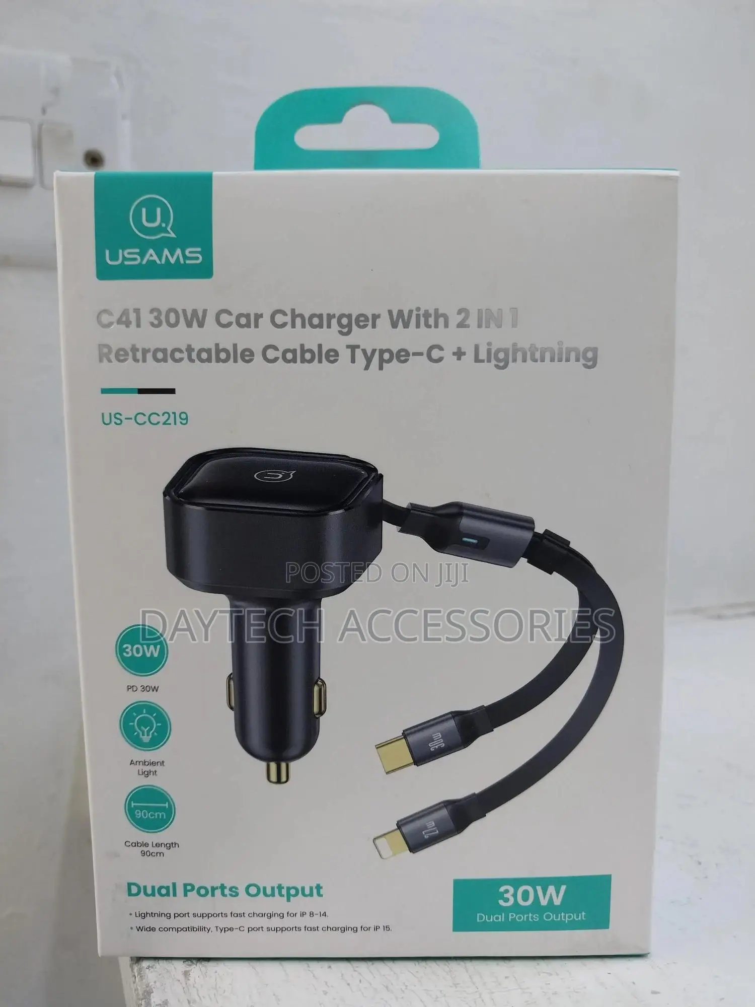 Usams 30w Car Charger With 2 In1 Stretchable Fast Charging Cables