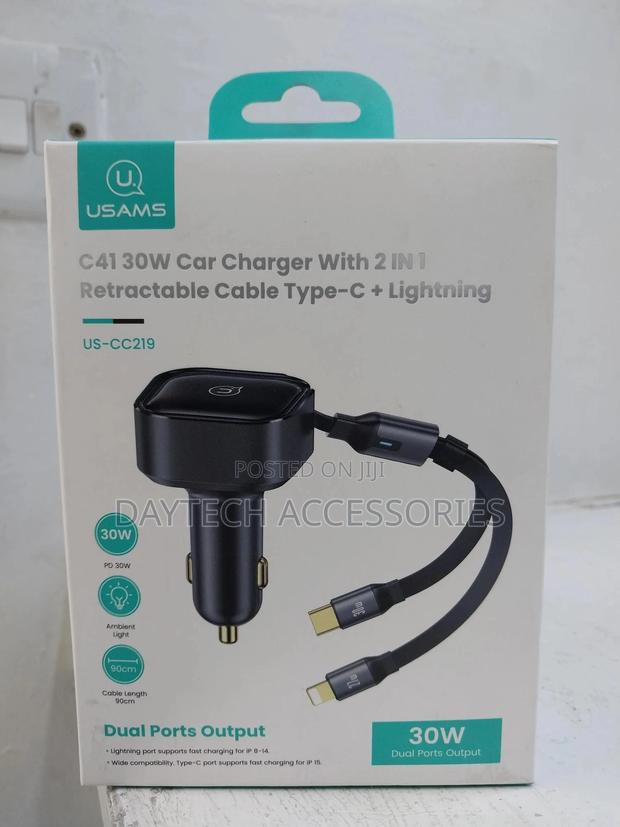 Usams 30w Car Charger With 2 In1 Stretchable Fast Charging Cables