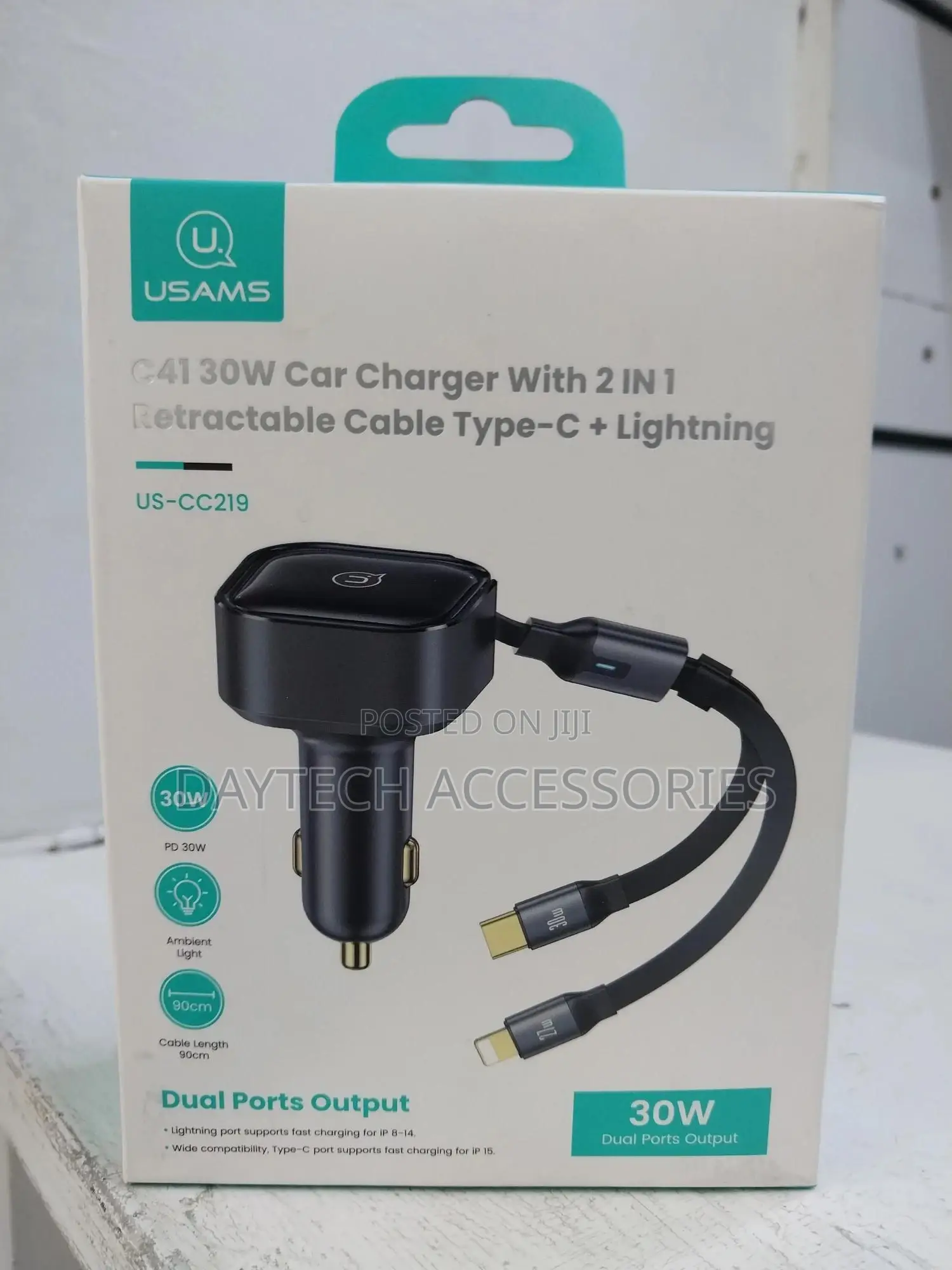 Usams 30w Car Charger With 2 In1 Stretchable Fast Charging Cables