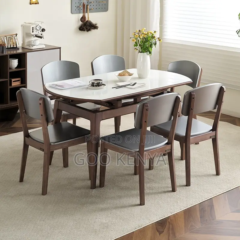 Home Dining Set; 6-Seater Wooden Adjustable Table With 6 Chairs