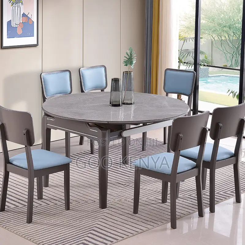 Home Dining Set; 6-Seater Wooden Adjustable Table With 6 Chairs