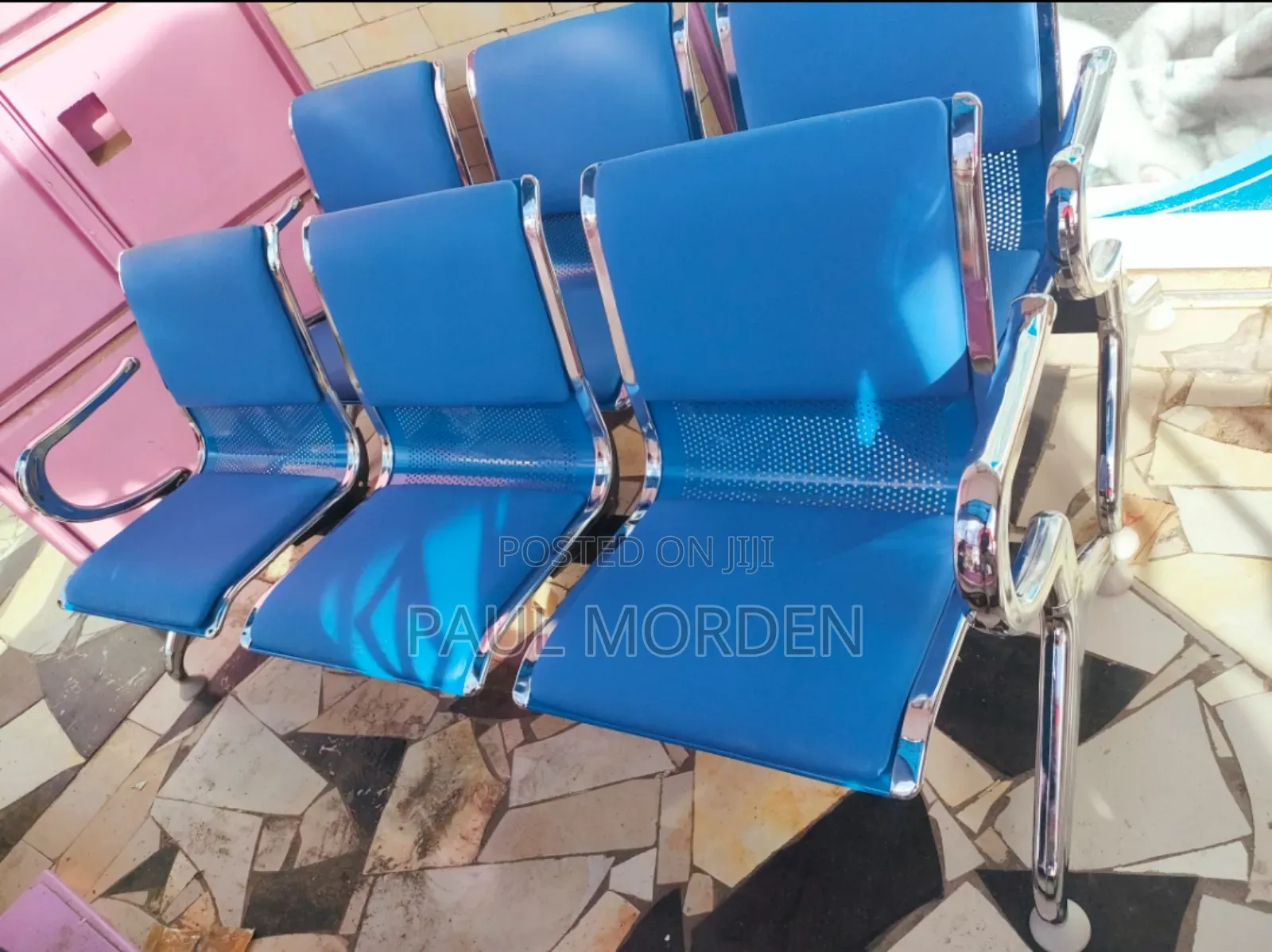 Blue Padded Bench Three Seater Chair