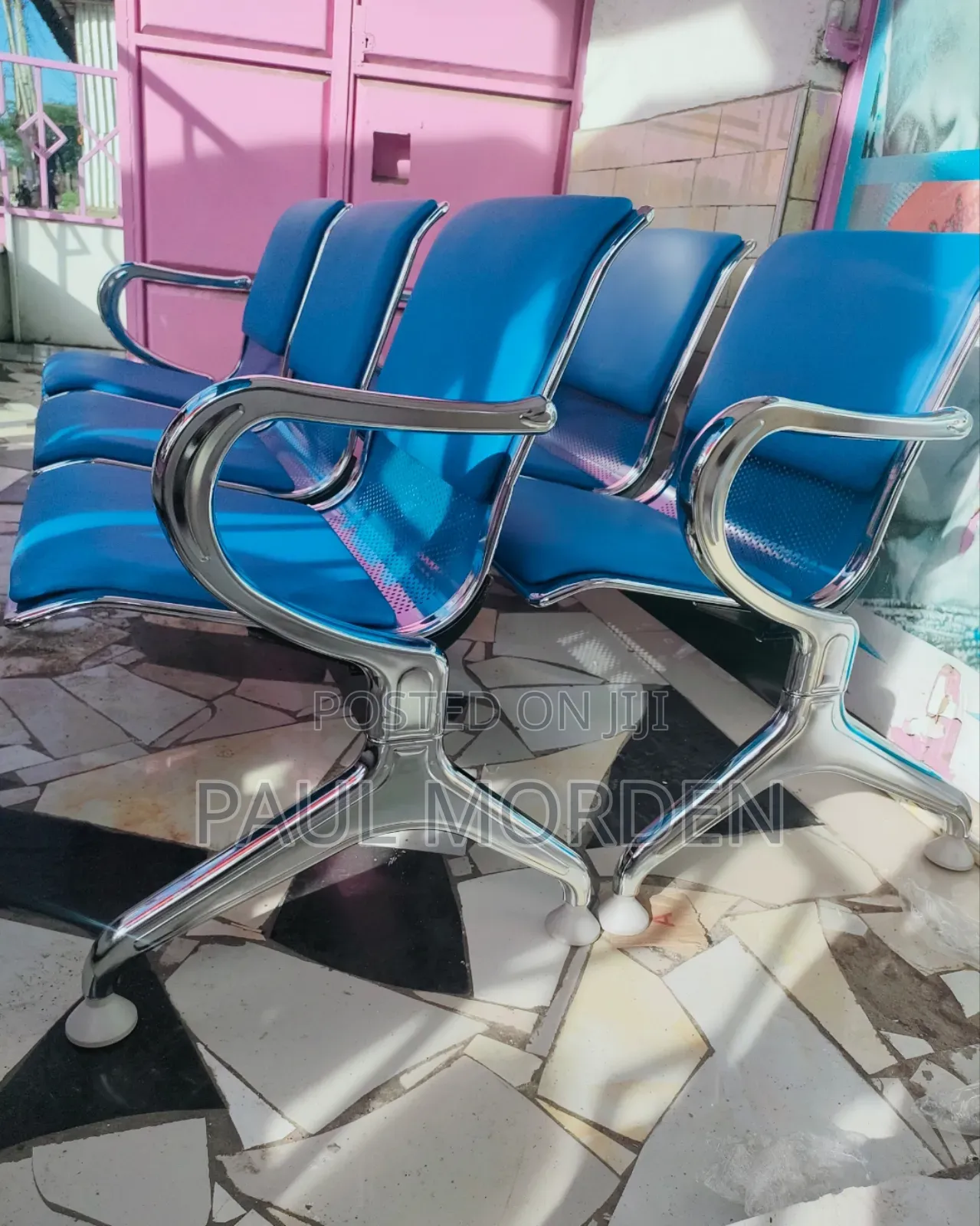 Blue Padded Bench Three Seater Chair