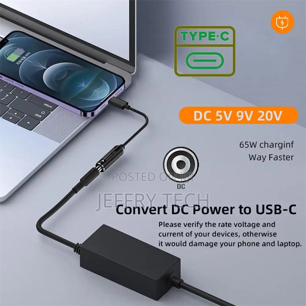 Dc 4.5x3mm Socket Input to Usb-C Charging Cable Laptop Phone Pd9v 5v 2