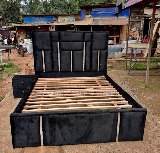 Black Upholstered Bed With Panel Headboard - main view