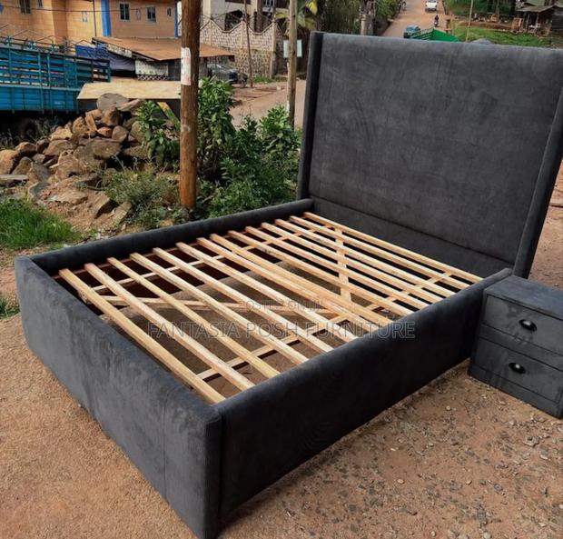 5x6 Grey Upholstered Bed Frame With Wooden Slat Base