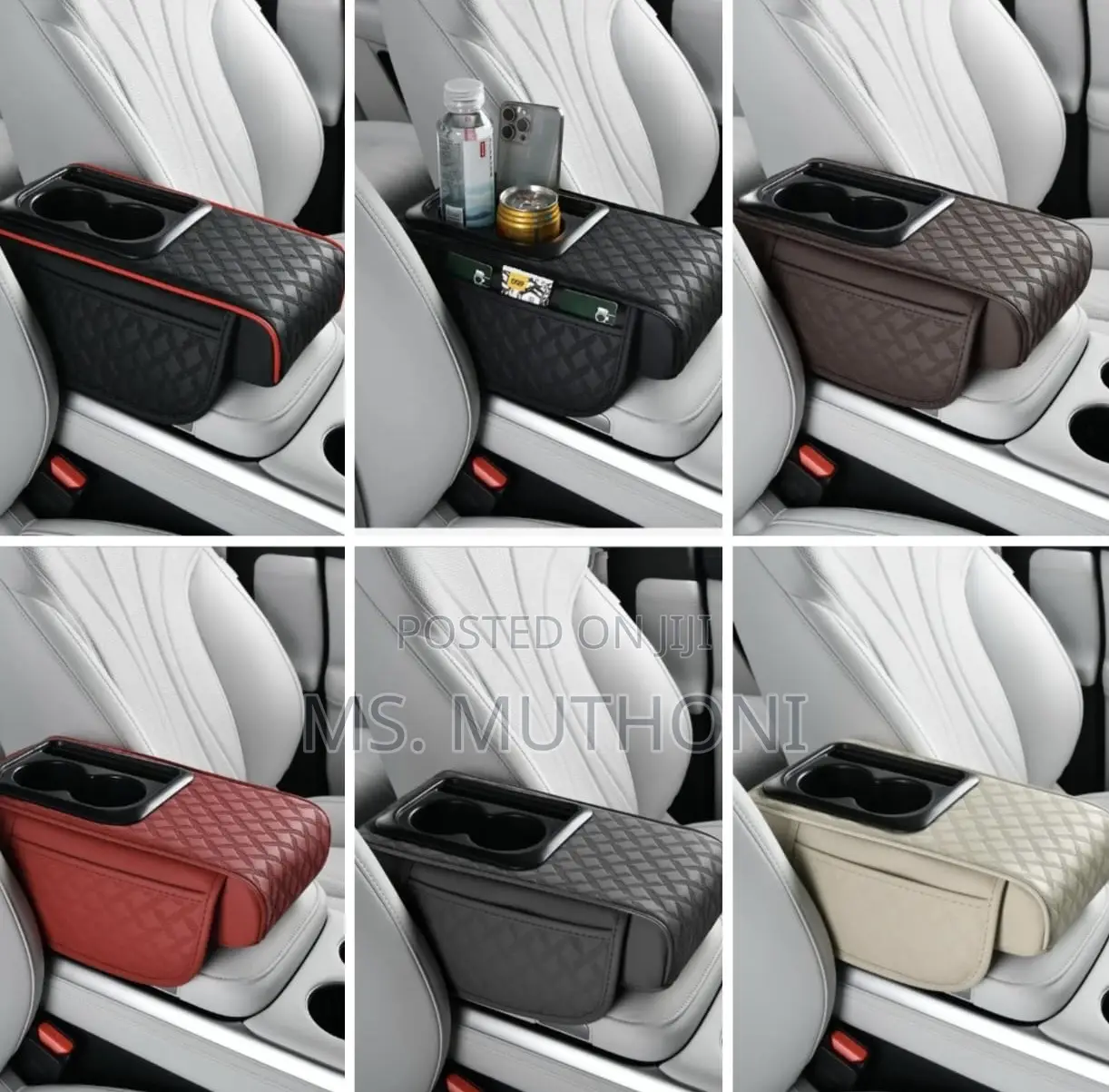 1 Pc Pu Leather Car Armrest Pad With 2 Cups Holder